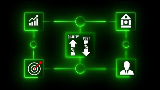 Neon Cost and quality control concept. Businessman pointing virtual graph showing cost reduction and quality improvement for product optimization and customer satisfaction.