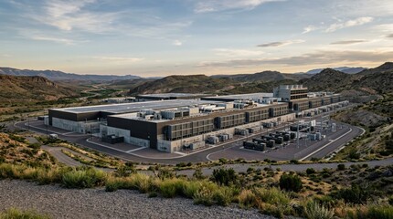 Obraz premium Aerial view of modern data center complex in arid desert landscape at sunset
