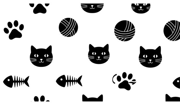 Minimal cat seamless pattern vector paw print yarn fish bone icon set black white