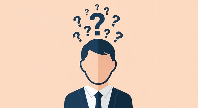 Illustration of an anonymous businessman avatar in a suit and tie surrounded by many question marks.