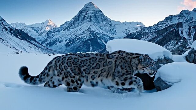 Majestic snow leopard wild animal walking through mountain snow