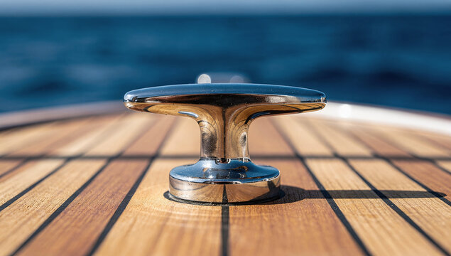 Metal cleat chrome yacht deck teak wood floor close-up