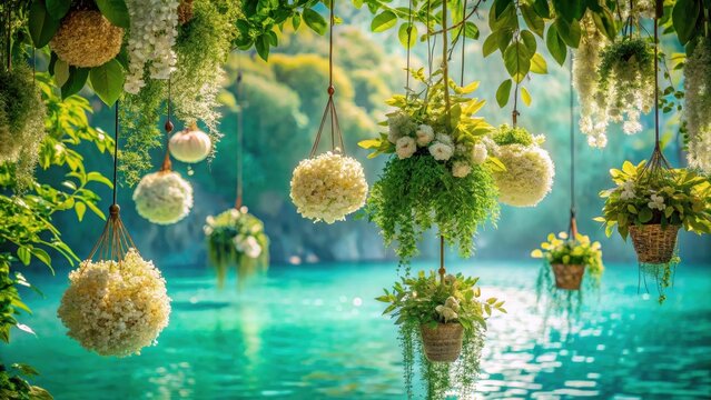 A photo of intricate hanging kokedamas featuring diverse foliage against a rich turquoise backdrop, showcasing vibrant green leaves, delicate white bl