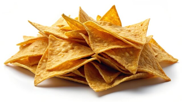A photo of crispy corn tortilla nachos chips isolated on a pristine white background with subtle shadows and highlights emphasizing their texture and