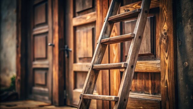 A photo of a rustic wooden ladder with three steps leading up to a wooden door