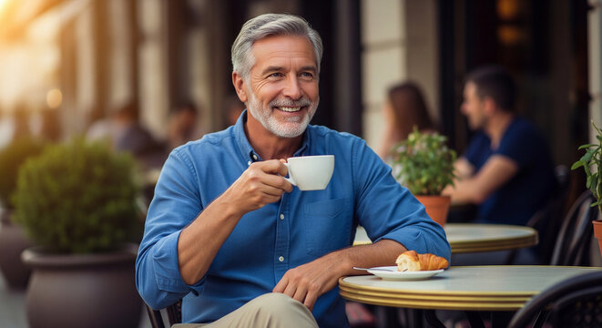 Smiling senior gentleman enjoying hot coffee at an outdoor restaurant table perfect for relaxing retirement and casual lifestyle