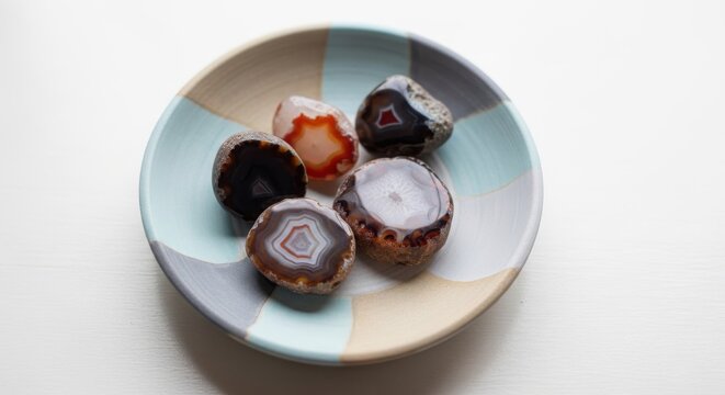 A ceramic dish showcases five hand-painted agates with intricate banded patterns and earthy tones.