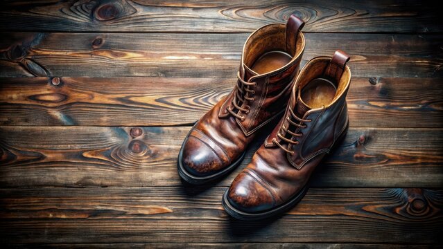 A topdown view of a pair of worn leather boots on a rustic wooden floor