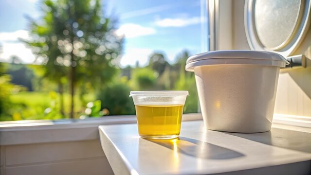 A photo of a urine sample in a medical container sitting on the rim of a white household toilet, selective focus