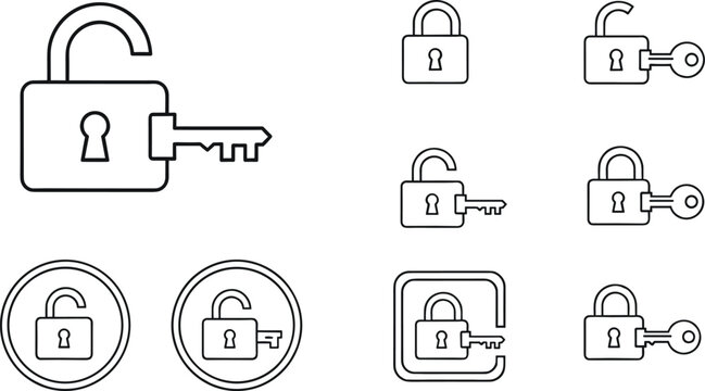 Security line icon set with lock and key symbols for access control password protection and web app interface design