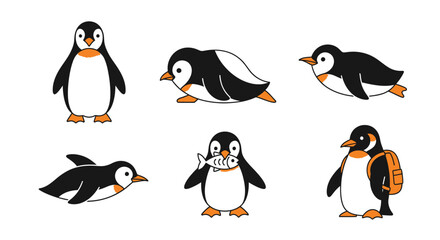 Fototapeta premium Cartoon penguins in various poses.