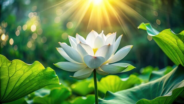 A photo of a pristine white lotus flower blooming under a bright sunbeam, surrounded by lush green foliage, capturing its purity and grace