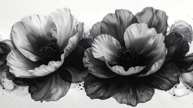 Monochrome floral art depicting close-ups of multiple anemone flowers