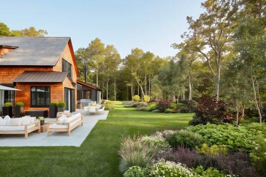 Modern house cedar shake siding backyard garden