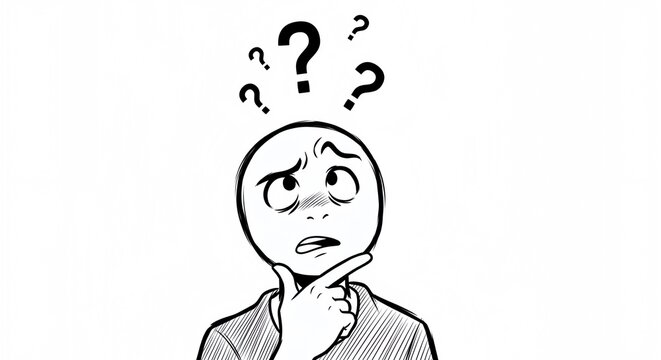 A simple doodle of a man looking anxious and confused, looking up with a question mark hovering over his head.
