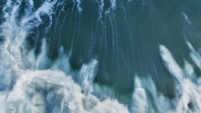 Aerial view of powerful ocean waves breaking, turquoise and deep blue water with foamy white surf, dynamic motion and texture