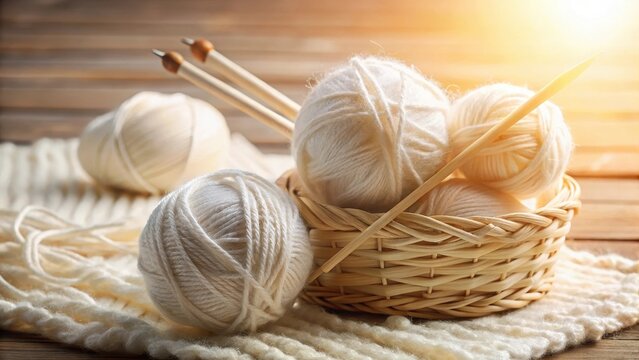 A photo of a ball of white threads wrapped around wooden knitting needles on a light background Knitted objects peek out from behind the needles