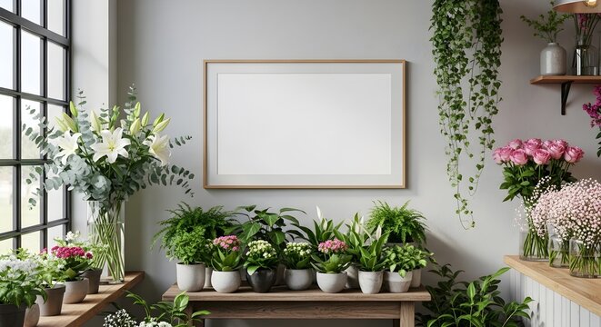 Interior of a room with a blank picture frame surrounded by numerous potted plants and flowers on wooden shelves near a large window with black frames ideal for interior design and
