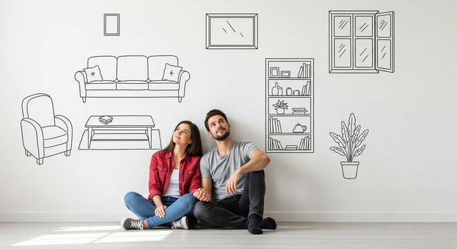 Smiling couple imagining their new home interior with furniture drawings on wall perfect for house planning and real estate dreams