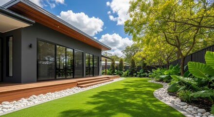 Obraz premium A modern house with a large glass window and a well-manicured lawn surrounded by trees and plants on a sunny day.