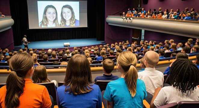 People are sitting in an auditorium watching a presentation on a large screen displaying two women.