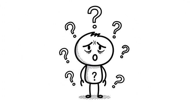 A black and white hand-drawn doodle illustration featuring a stick figure character with a tired and confused expression.