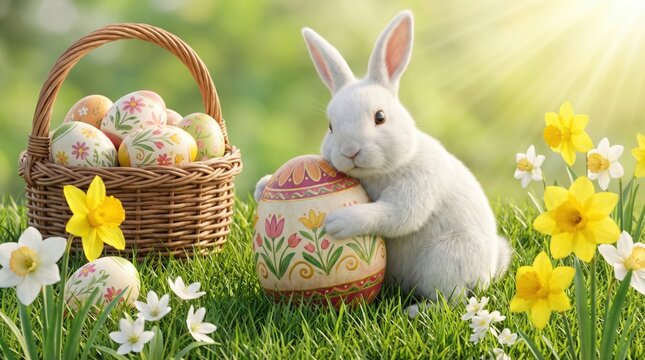 Cute white bunny next to a basket of Easter eggs and spring flowers in grass