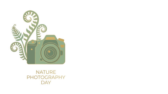 A vintage-style illustration of a camera with ferns, celebrating Nature Photography Day.