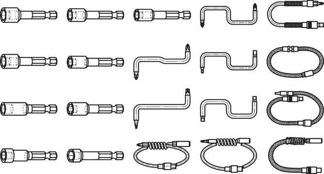 A comprehensive collection of various mechanic tool wrenches with detailed lines and intricate designs, perfect for illustrating the versatility of tools in various projects.