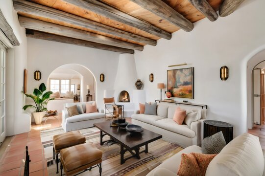 Southwestern living room with adobe kiva fireplace and viga beams