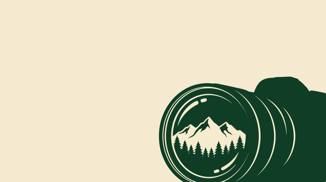 A close-up view of a camera lens reflecting a serene mountain landscape with pine trees.