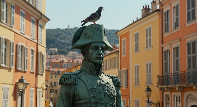 Bronze Statue of Napoleon with a Pigeon Perched on His Hat