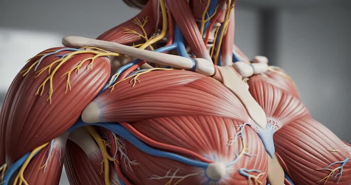 Detailed anatomical model showcasing human muscular and vascular systems in a clinical setting