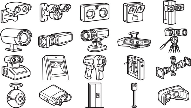 An array of high-tech cameras, in a monochrome style, showcases the intricate world of surveillance and vision technology. Each device, a testament to modern innovation.