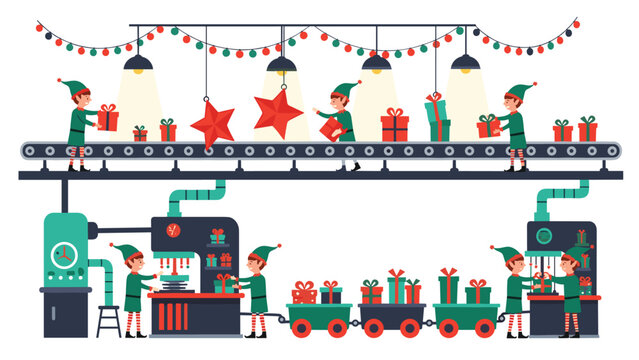 Festive scene of industrious Christmas elves diligently working in Santa's gift factory, sorting and packaging presents on a bustling conveyor belt.