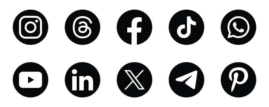 Popular social media icons 2026 black & white . Facebook, Instagram, X, Threads, YouTube, LinkedIn, Pinterest, WhatsApp, Telegram & TikTok. Social media icons pack. vector illustration eps file. 