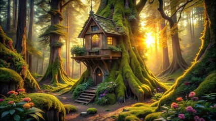 Fototapeta premium A photo of an enchanting wooden fairy treehouse nestled among ancient, mosscovered trees in a mystical forest The treehouse is made of intricately c