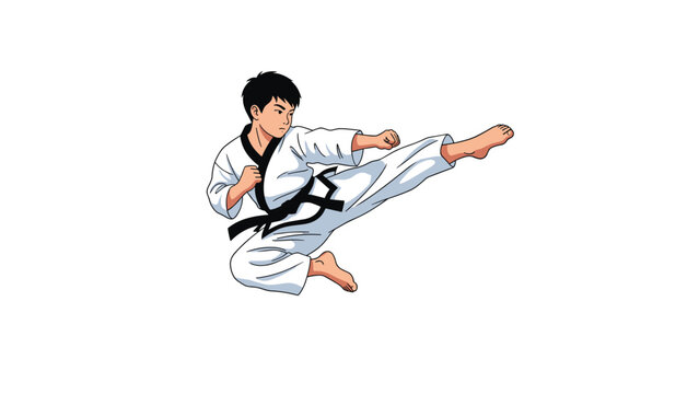 Dynamic illustration of a male taekwondo practitioner expertly performing a powerful and impressive flying kick in a martial arts pose.