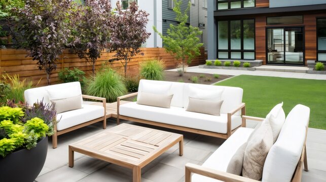 Modern patio outdoor furniture with backyard landscaping and lawn