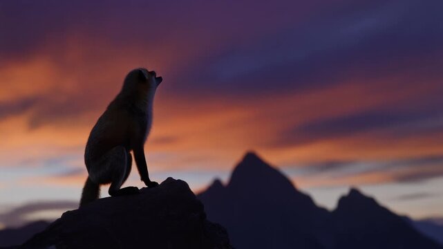 Simien Fox Howling on Mountain Peak at Sunset Silhouette