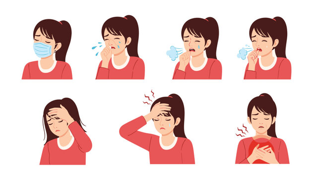 Comprehensive set of illustrations depicting a woman experiencing various common cold and flu symptoms, including wearing a mask, sneezing, coughing, and having a headache.