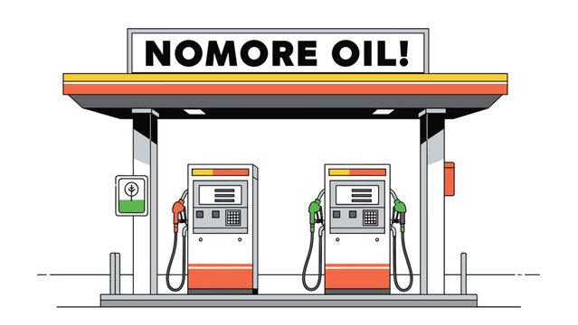 Modern gas station with two pumps and a prominent sign reading "NO MORE OIL!", signifying a shift towards alternative energy or a dystopian future.
