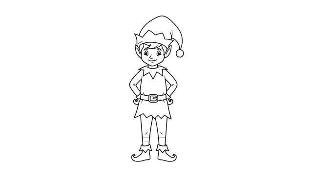 Simple black and white outline drawing of a cheerful boy elf wearing a traditional elf hat and costume, smiling.
