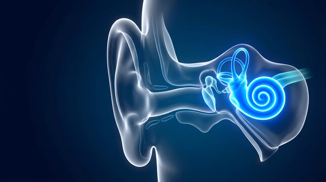 Detailed 3D illustration of the human ear's internal structure, highlighting the cochlea with a vibrant blue glow