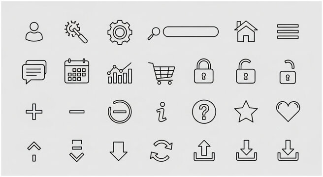 Collection of various outline icons representing different functions and actions for user interface design.