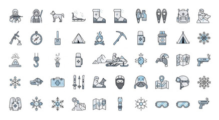 Collection of various winter outdoor activity icons and symbols for design. © Hosek