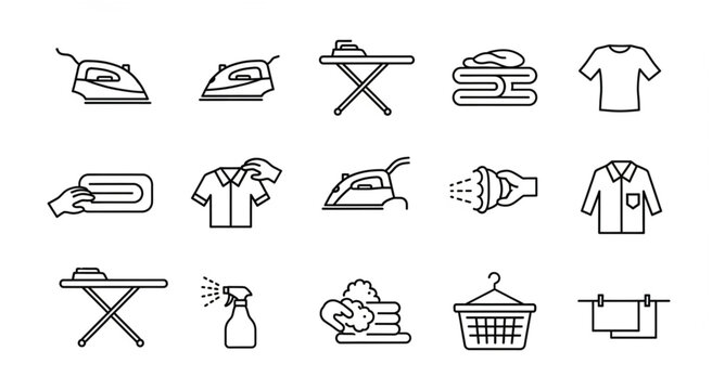 Laundry and ironing equipment icons representing cleaning and garment care.