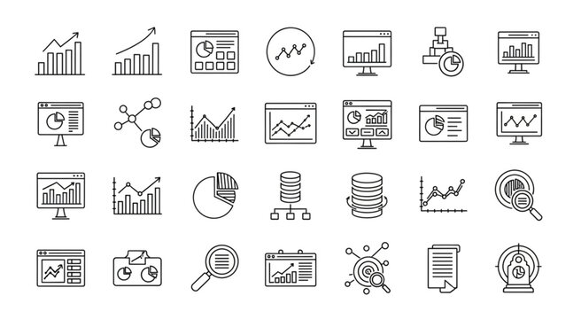 Collection of various data analysis and business chart icons for presentations.