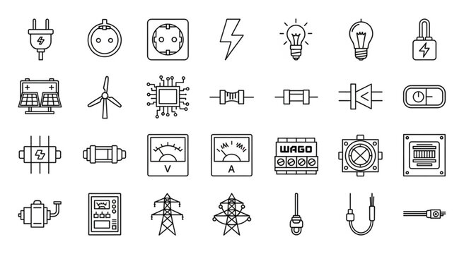 Collection of various electrical components and symbols for design and illustration.