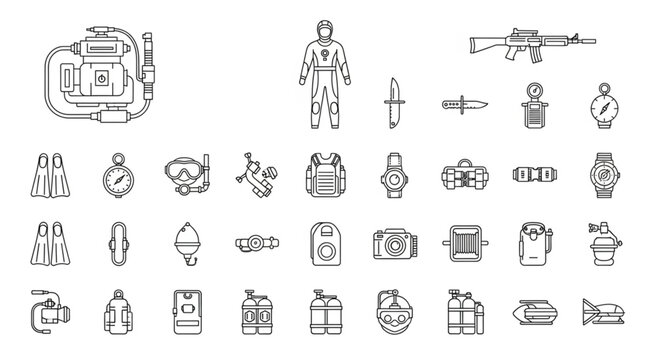 Collection of military and diving equipment, perfect for design projects.